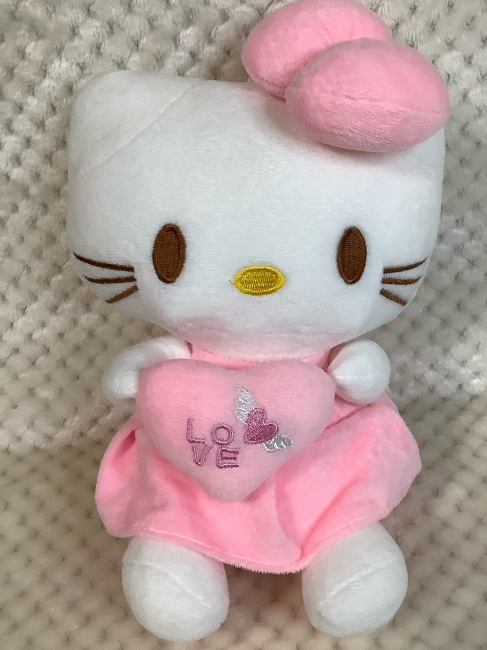 Hello Kitty Plush in Pink Dress and Bow Holding Heart Love Pillow Stuffed Animal